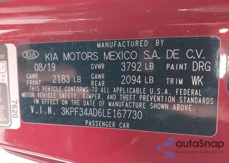 2020 Kia Forte Gt-Line z USA, uszkodzony, nr VIN 3KPF34AD6LE167730